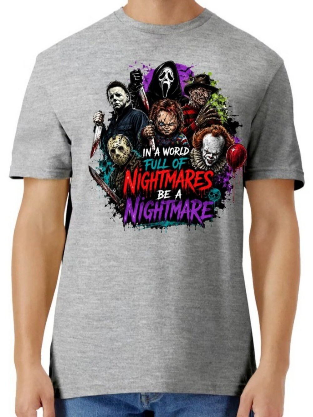 Graphic Horror Characters Grey  T-Shirt - Be A Nightmare
